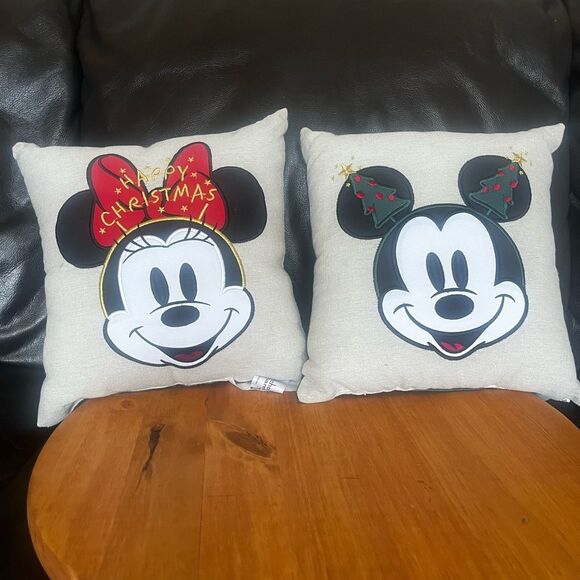 Disney Other - Disney Merry Christmas Mickey and Minnie Mouse Pillow Set Reversable Embroidered